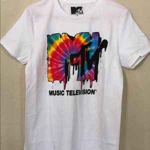 White and tie-dye mtv shirt